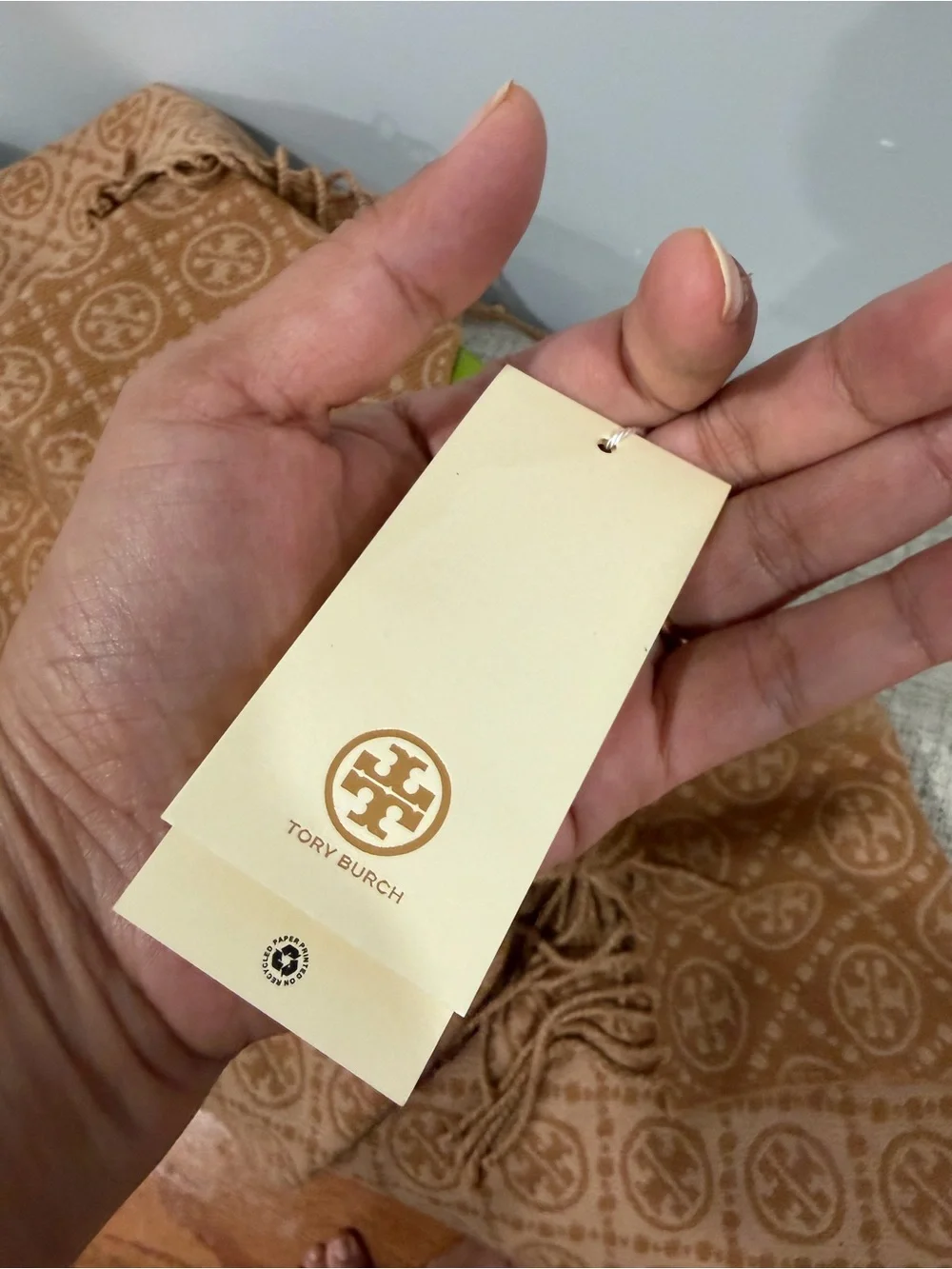 Tory Burch Two-Tone Camel Logo Fringe Scarf
